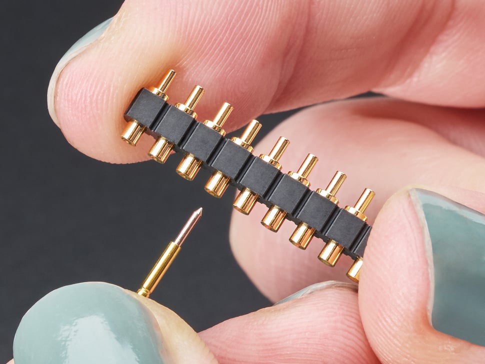 Close-up of pogo pin header with prototyping header.
