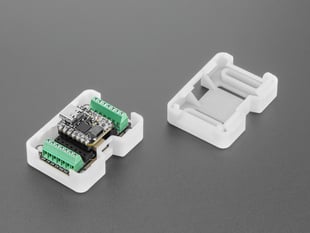 Angled Demo Shot of the opened Snap-on Enclosure for Adafruit Terminal Block BFF Add-On.