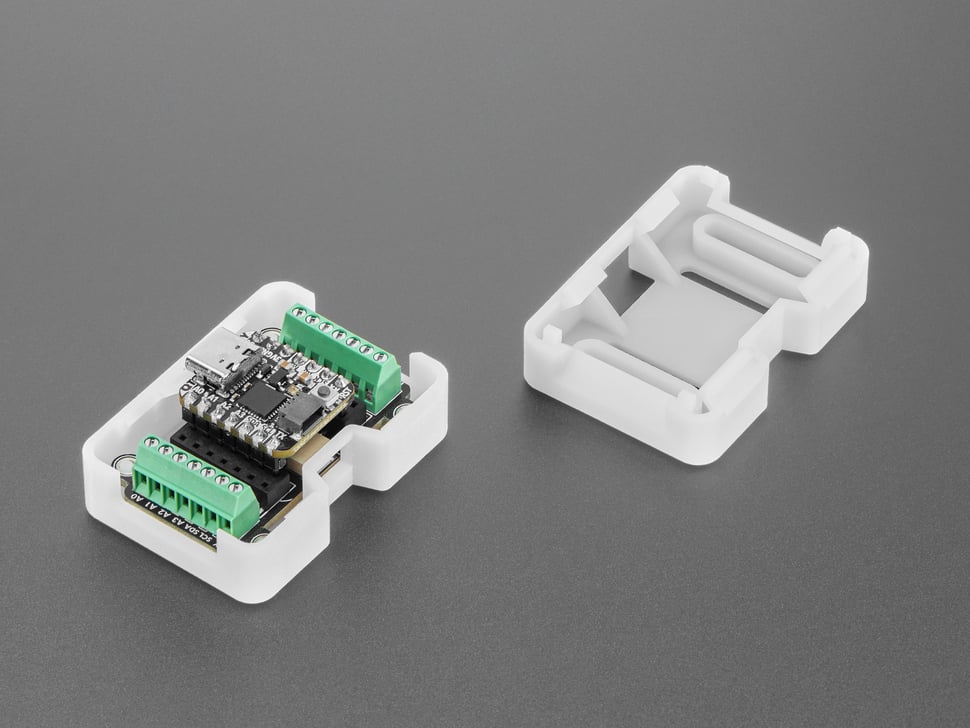 Angled Demo Shot of the opened Snap-on Enclosure for Adafruit Terminal Block BFF Add-On.