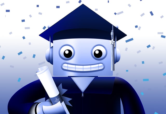 Gradtation Gift Guide. Ombre blue background with blue and white confetti. Adabot is dressed in a cap and gown with a diploma in their hand.