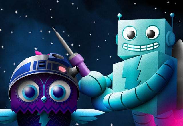 May the 4th Be with you: These are the Parts You're Looking For. Set in front of a sea of stars - AdaBot wields a soldering iron like a lightsaber and Minerva the owl stands by dressed as R2D2