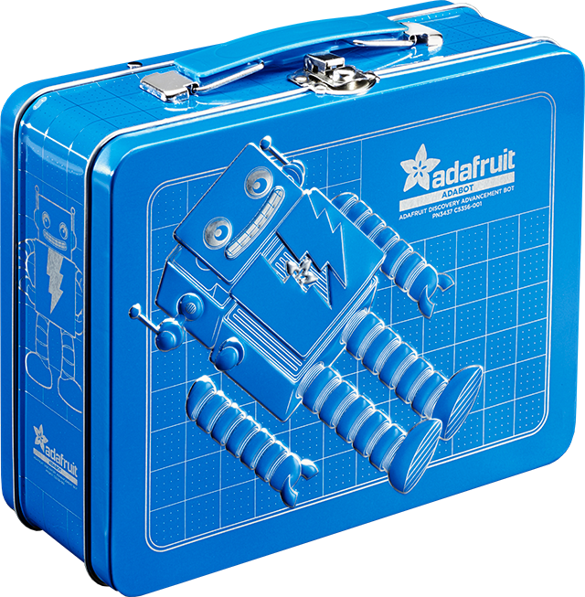 A blue metal lunchbox featuring Adabot
