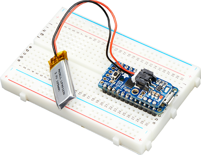 LiPoly battery plugged into a Backpack Add-On for tthe Adafruit Pro Trinket
